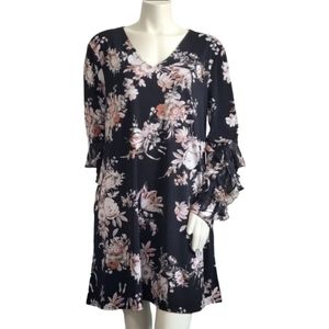 Beautiful V-Neck Trapeze Long Sleeve Midi Floral Dress Size L - NWT